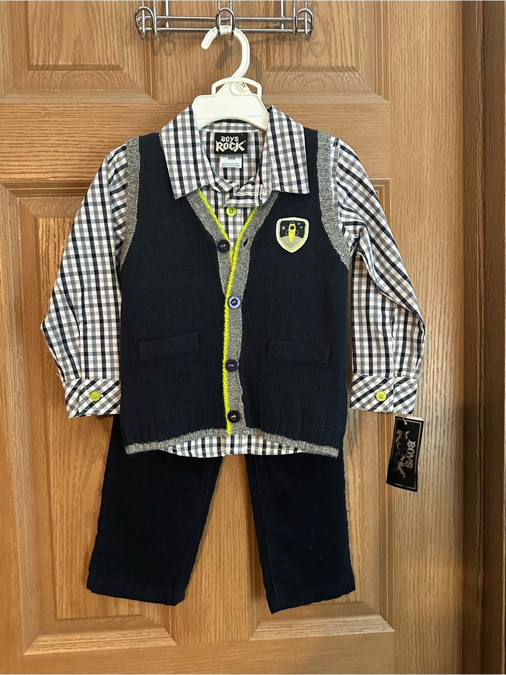 Boys Rock Navy Knit Vest & Plaid Shirt Set with Navy Pants
